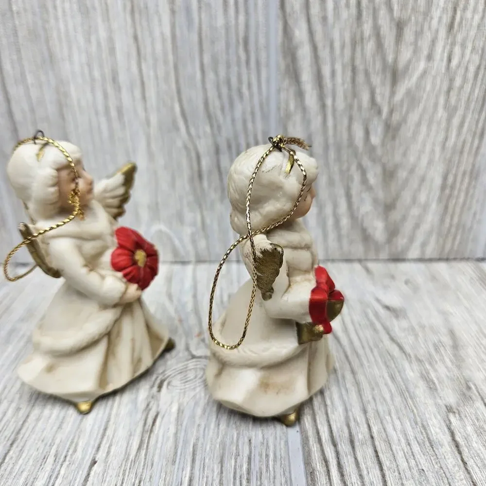 Vintage Homco Angel Christmas Ornaments Set of 2 Figurines Gold Wings Taiwan VTG